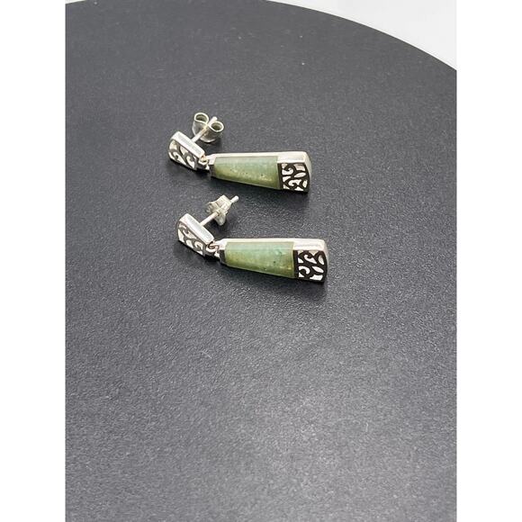 SU Sterling Silver Filigree Chinese Rectangular Jadeite Dangle Drop Earrings - Picture 6 of 8